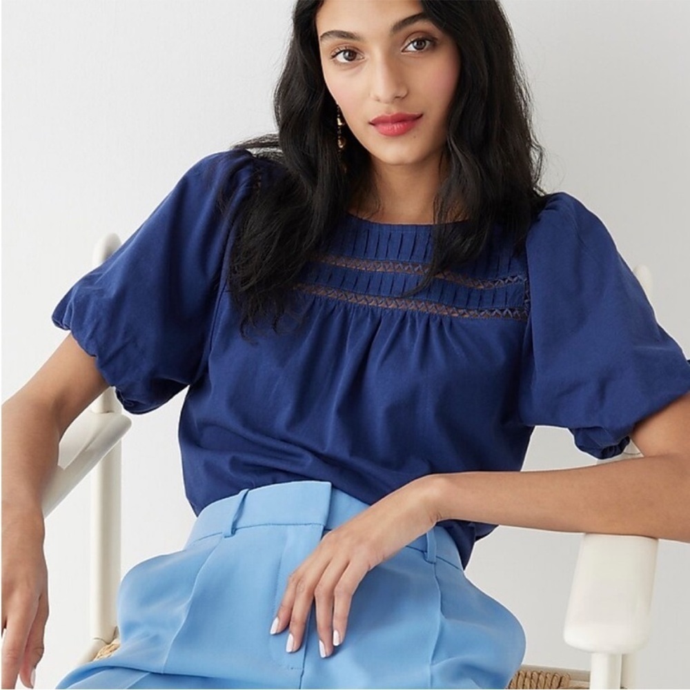 J Crew Lace trim puff sleeve T shirt Navy Blue Top Shirt Short Sleeve cotton NEW